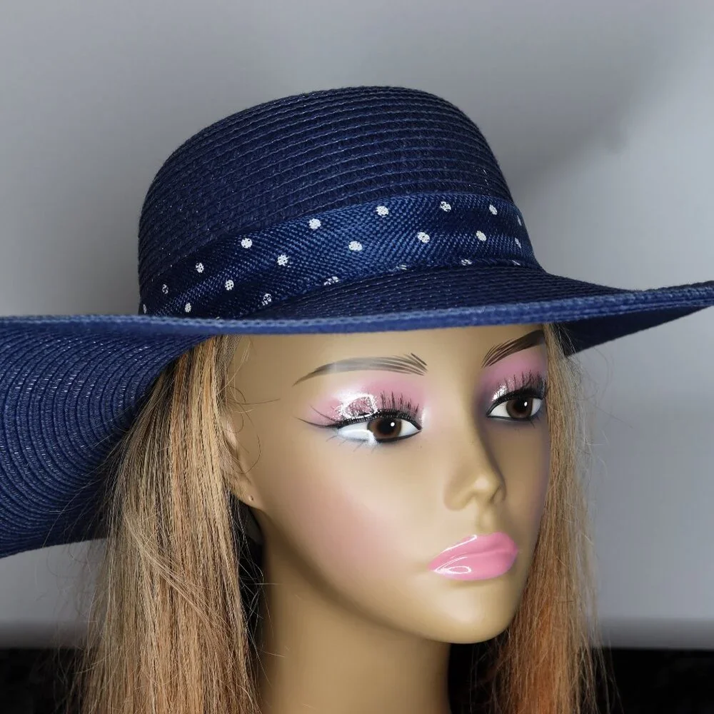 Women's Navy Blue Medium Brim Straw Sun Hat with Rhinestone Crown - Picture 2 of 2